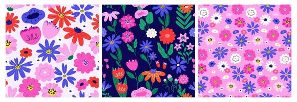 Floral spring pattern. Seamless print of blooming flowers, abstract botanical flower blossom background for wrapping paper fabric textile design. texture vector