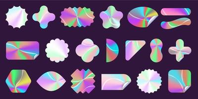 Holographic labels. Realistic hologram rainbow gradient stickers with stamp, shiny iridescent badges for sale, price tag and holographic product logo design. set vector