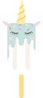 Melting turquoise unicorn popsicle resting on a white background, featuring closed eyes, playful hearts, and a delightful sprinkle of colorful confetti, radiating sweetness vector