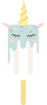 Melting turquoise unicorn popsicle resting on a white background, featuring closed eyes, playful hearts, and a delightful sprinkle of colorful confetti, radiating sweetness