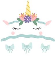 Lovely unicorn face with closed eyes, decorated with a crown of flowers and bows, creating a sweet and magical design for children's products vector