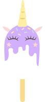 Delicious purple unicorn popsicle melting with closed eyes, adorned with whimsical star decorations and colorful sprinkles, resting on a clean white background vector