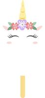 Illustration of a cute unicorn face with closed eyes, pink cheeks, small ears, a yellow horn and colorful flowers on its head, placed on a popsicle stick, creating a whimsical and playful design vector