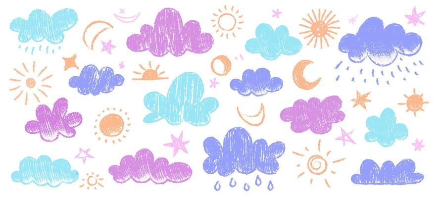 Crayon kid weather set. Doodle childish sun cloud rain snow and wind chalk drawn icons, cute weather symbols with colored chalk. isolated collection