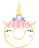 Cartoon illustration of a delicious donut decorated with a unicorn horn, flowers, closed eyes and rosy cheeks, creating a whimsical and magical treat vector