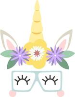 Adorable unicorn face featuring a yellow horn, a crown of purple and yellow flowers, and stylish glasses with closed eyes, creating a whimsical and charming design vector