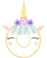 Cartoon unicorn donut with flowers and winking eyes is wearing a crown, isolated on white background, ideal for children's textiles, wrapping paper, greeting cards, posters, stickers vector