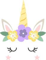 Illustration of a sleeping unicorn face with closed eyes, decorated with a crown of colorful flowers, a golden horn, and pink stars, creating a lovely and magical design vector