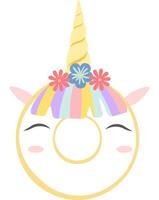Unicorn donut with colorful icing and flowers winking happily on a white background, ideal for children's designs, prints, stickers, and other creative projects vector
