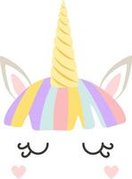Adorable unicorn face featuring closed eyes, a colorful mane, and a golden horn surrounded by little hearts creates a charming design perfect for children's products and decor vector