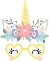 Illustration of a cute unicorn face with heart shaped sunglasses, adorned with a crown of colorful flowers, creating a whimsical and charming design vector