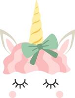 Pink unicorn head with closed eyes and wavy hair, adorned with a charming green bow, sleeping peacefully, creating a magical touch perfect for children's designs and illustrations vector