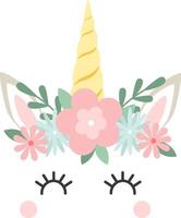 Adorable unicorn face with a golden horn, pink cheeks, closed eyes adorned with long eyelashes, and a crown of pastel flowers, creating a sweet, magical design vector