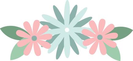 Three pastel colored flowers and leaves are arranged together, creating a delicate and beautiful floral arrangement, perfect for adding a touch of elegance to any design vector