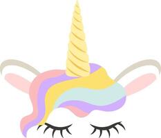 Pastel colored unicorn face featuring closed eyes, a vibrant rainbow mane, and a shimmering golden horn, creating a whimsical and magical design perfect for children's products vector