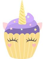Adorable unicorn cupcake with purple frosting, stars, a golden horn and closed eyes with long eyelashes is winking, creating a whimsical and magical treat vector