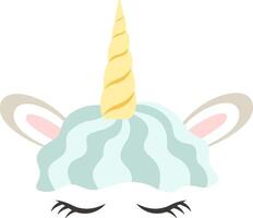 Adorable unicorn face featuring closed eyes, a shimmering golden horn, and a flowing light blue wavy mane, capturing the essence of magic and charm for children's designs and whimsical themes vector