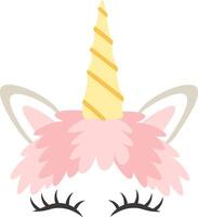 Illustration featuring a unicorn head adorned with a fluffy pink mane, a bright yellow horn, and gray ears, showcasing closed eyes against a clean white background vector