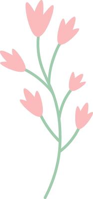 Minimalist illustration of a branch with pink flowers growing on a light green stem, ideal for nature, spring, or floral themed projects