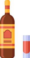 Bottle and glass of liquor with simple label design featuring warm colors, isolated illustration on white background, perfect for beverage and alcohol related projects vector