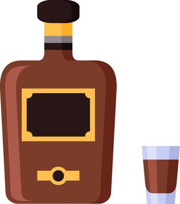 Bottle of liquor with a blank label stands next to a small shot glass containing brown liquor, suggesting a concept of alcohol consumption, bar culture, or relaxation