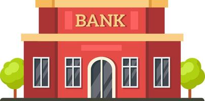 Classic red bank building with two trees on each side representing investment, finance, savings, loans, and financial services, perfect for illustrating economic concepts vector