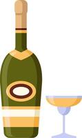 Green champagne bottle featuring a blank label and cork, accompanied by a full glass of sparkling champagne, all isolated against a clean white background vector