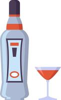 Bottle of vermouth stands next to a martini glass containing a red alcoholic beverage, creating a sophisticated and inviting scene for cocktail enthusiasts vector