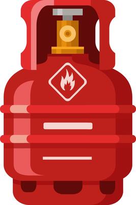 Red gas cylinder featuring a flammable warning sign and closed valve, representing energy and safety hazards in gas storage and industrial applications