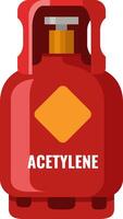 Red acetylene gas cylinder with valve and label is standing upright, isolated on white background, simple flat illustration of industrial gas container for welding and cutting vector