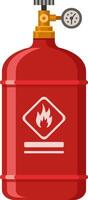 Red gas cylinder with flammable warning sign and pressure gauge showing current pressure. Featuring a valve and a blank space for text or logo. Representing industrial gas storage and safety measures vector