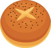Freshly baked round bread bun is decorated with poppy seeds and a cross shaped cut, creating an appetizing presentation perfect for breakfast or snack vector