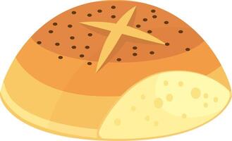 Freshly baked round loaf of bread with poppy seeds and a cross shaped cut on top, partially sliced to reveal the soft, porous interior, representing bakery, nutrition, and culinary traditions vector