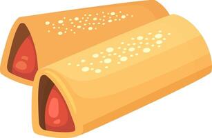 Two rectangular pastries filled with red fruit jam, sprinkled with sugar lie on a white background, creating a tempting scene for bakery lovers vector