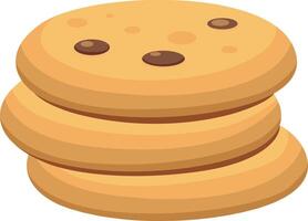 Three round chocolate chip cookies stacked together, embodying themes of bakery delights, sweet indulgence, and tasty treats perfect for dessert or snack time vector