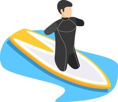 Surfer wearing wetsuit kneeling on surfboard on blue water in isometric view representing surfing, watersports, summer activity and vacation vector
