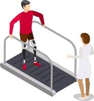 Doctor assisting a patient with prosthetic legs while exercising on a treadmill during a rehabilitation session in a modern clinic, highlighting the journey of recovery and determination vector