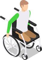 Isometric illustration featuring a young man with paraplegia navigating in a wheelchair, actively pushing the wheel with his hand, symbolizing independence and determination vector