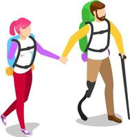 Isometric hikers with backpacks holding hands and walking, overcoming challenges and enjoying the journey together, promoting inclusivity and perseverance in outdoor activities vector