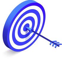 Arrow hitting the center of a blue and white target represents achieving a business objective, completing a task, or completing a project successfully vector