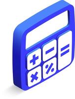 Blue calculator with white buttons for mathematical operations, including addition, subtraction, multiplication, division, and percentage, with blank screen for displaying results vector