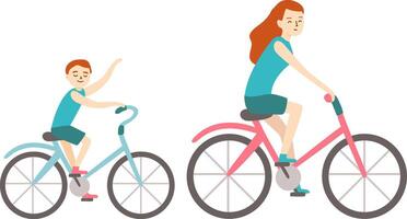 Mother and son riding bicycles, with the son waving and smiling joyfully, enjoying a fun filled summer day together in the great outdoors. Embracing freedom and adventure, they share quality time vector