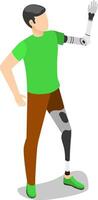Young man with a prosthetic leg and arm, waving with his artificial hand, showcases resilience and strength while communicating in an isometric view vector