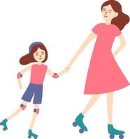 Mother and daughter, both wearing protective gear, joyfully holding hands while roller skating together, embracing fun and creating cherished memories during their outdoor adventure vector