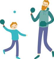 Father with a beard and son joyfully playing table tennis, skillfully holding paddles and hitting the ball, creating cherished memories and bonding during their fun filled time together vector