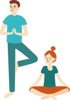 Couple engaging in yoga practice together, meditating and performing tree pose, enhancing mindfulness, relaxation, and overall physical well being while fostering harmony and connection vector