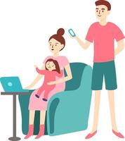 Mother working remotely from home, holding her baby, while father using a smartphone, promoting work life balance and modern family dynamics vector