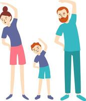 Mother, father, and son stretching together while standing and smiling, exemplifying a healthy lifestyle and enjoying a family workout in a supportive and active environment vector