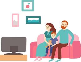 Family of three, consisting of mother, father, and son, enjoying time together while watching television on the sofa in their cozy living room, with the child hugging a teddy bear vector