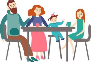 Happy family composed of mother, father, daughter and little child sitting at the table, having breakfast and enjoying time together, talking and smiling vector